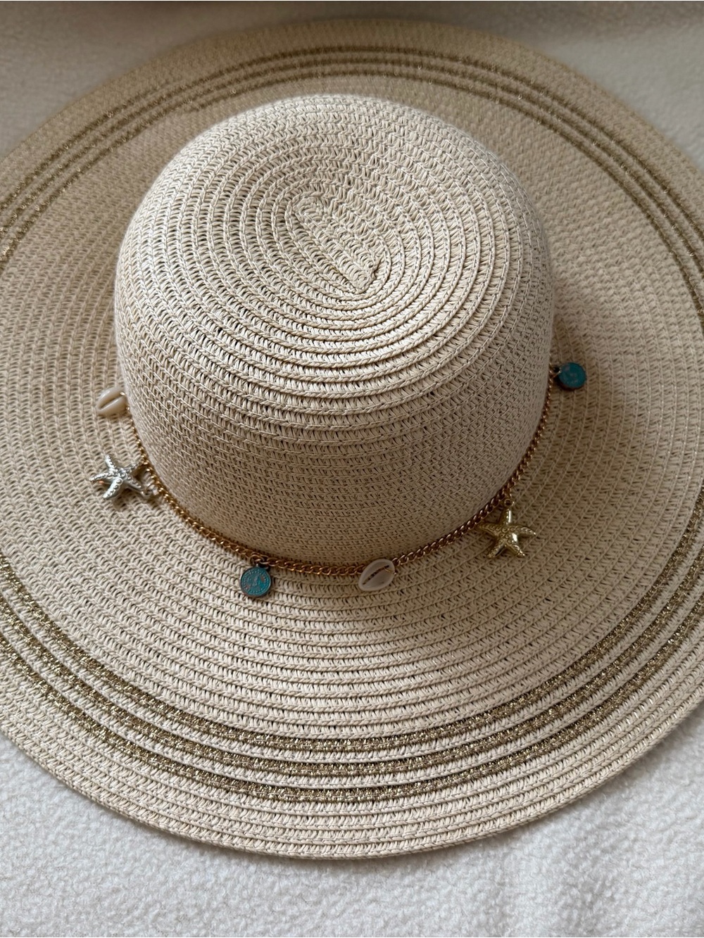 Ellen Tracy Beige Straw Sun Hat with Turquoise Accents & Starfish Charms